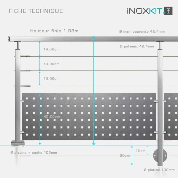 Garde-corps à 3 câbles et tôle tube inox carré