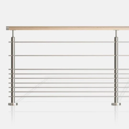 Garde-corps à 9 lisses tubes ronds, barreaudage horizontal main courante bois