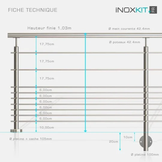 Rampe à 9 lisses tubes inox barreaudage horizontal 