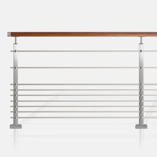 Garde-corps à 9 lisses inox tube carré rampe bois exotique