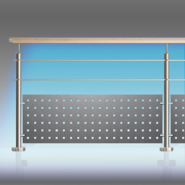 Balustrade 2 tubes inox soubassement tôle perforée et leds