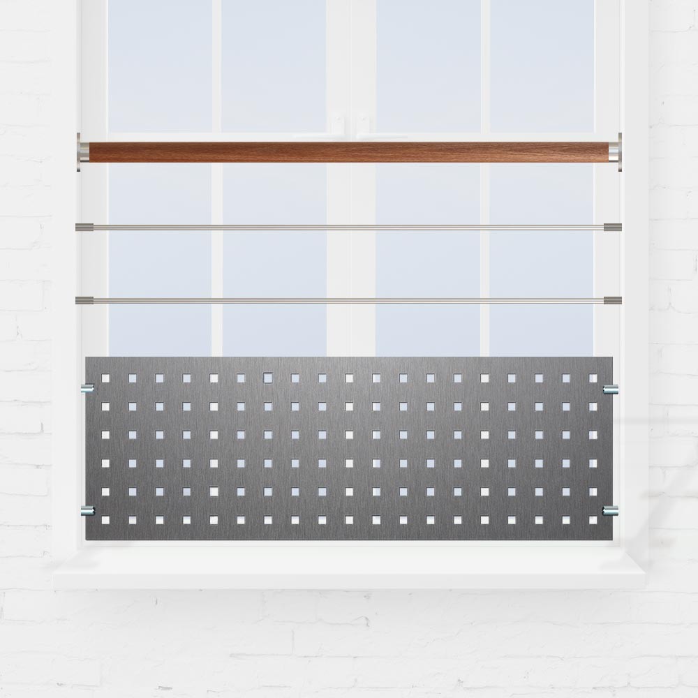 Kit Balustrade fenêtre à 2 lisses ou tube et tôle perforée main courante bois exo