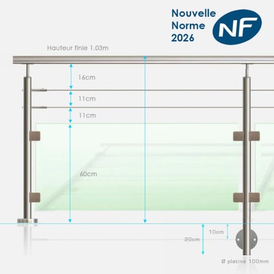 Fiche technique garde-corps 2 câbles et verre
