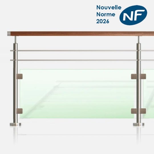 Kit rambarde à 2 lisses inox et verre main courante bois exotique