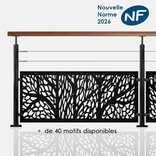 Garde-corps acier noir 2 câbles et tôle Main courante bois