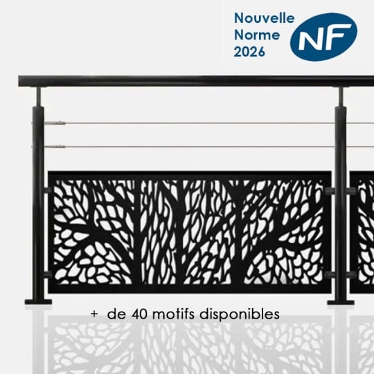 Garde-corps acier noir 2 câbles et tôle Main courante noire