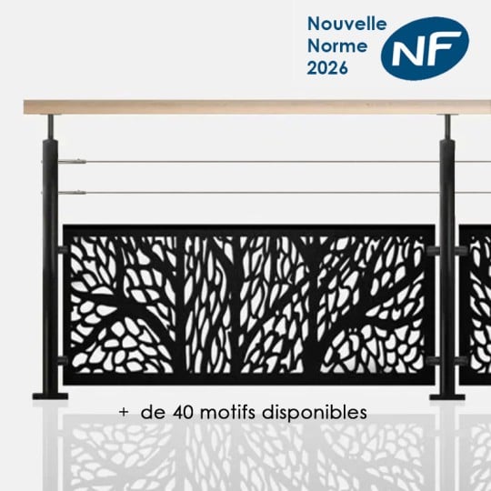 Garde-corps acier noir 2 câbles et tôle Main courante bois de hêtre