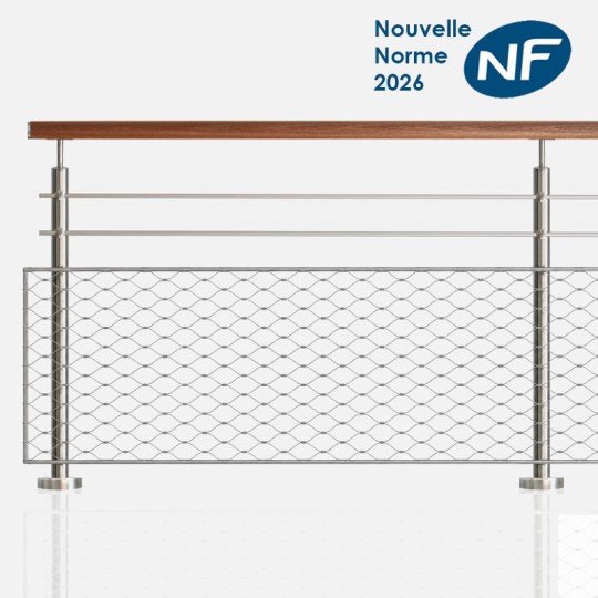 Garde-corps 2 lisses et filet main courante bois exo