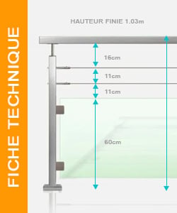 Fiche technique garde-corps carré 2 cables et verre