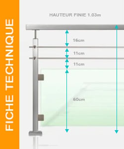 Fiche technique garde-corps à 2 lisses et verre tube carré